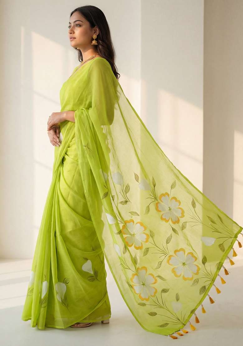 Light Green Printed Chinon Saree Set for Diwali and Festive Wear - Indya