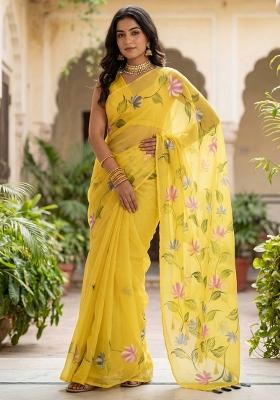 Yellow Printed Chinon Saree Set