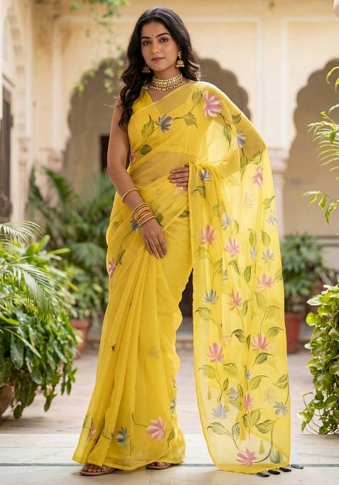 Yellow Printed Chinon Saree Set — view on Indya