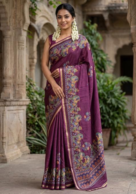 Purple Printed Chiffon Saree Set — view on Indya