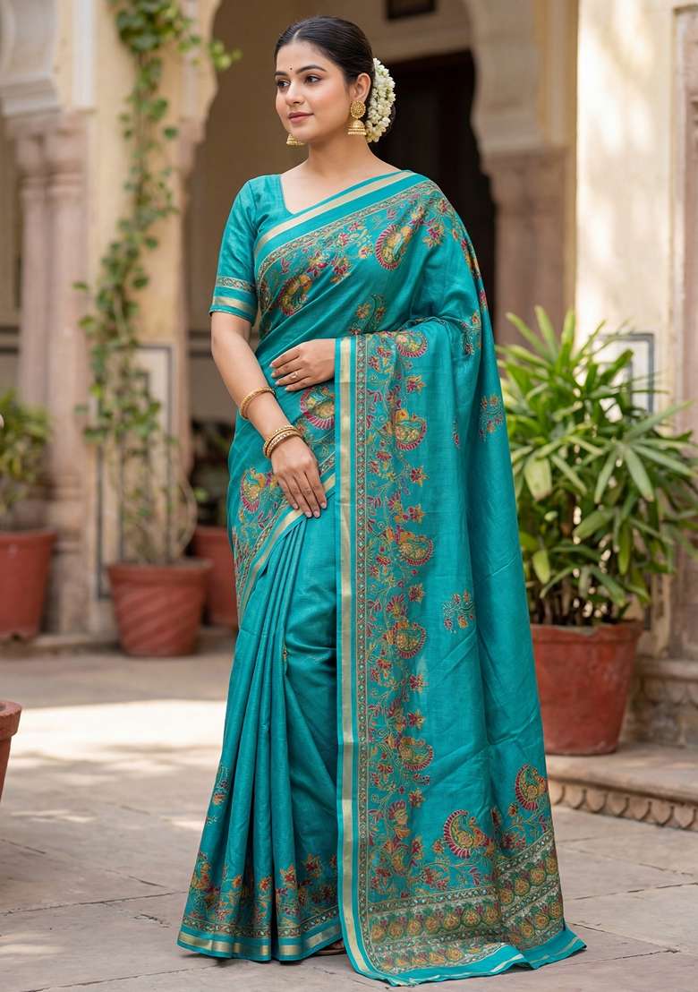 Light Blue Printed Chiffon Saree Set for Diwali and Festive Wear - Indya