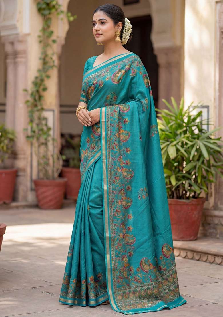 Light Blue Printed Chiffon Saree Set for Diwali and Festive Wear - Indya