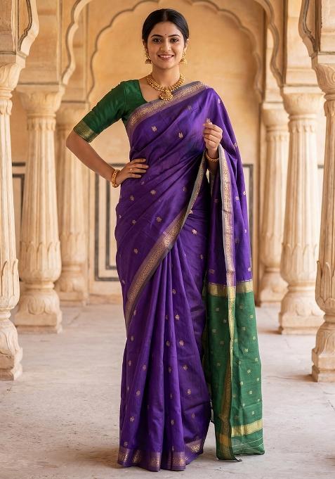 Purple Printed Chiffon Saree Set — view on Indya