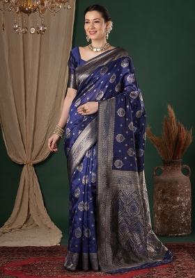 Navy Blue Woven Design Silk Blend Saree Set