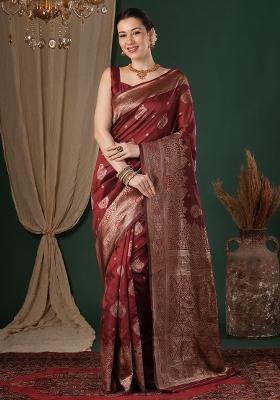 Maroon Woven Design Silk Blend Saree Set