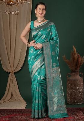 Turquoise Woven Design Silk Blend Saree Set