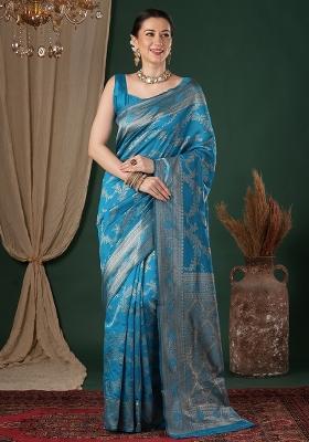 Light Blue Woven Design Silk Blend Saree Set