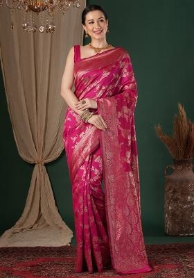 Pink Woven Design Silk Blend Saree Set