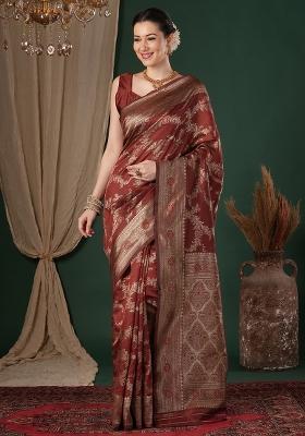 Maroon Woven Design Silk Blend Saree Set