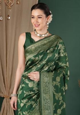 Green Woven Design Silk Blend Saree Set