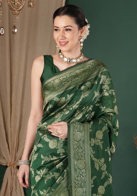 Green Woven Design Silk Saree Set — view on Indya