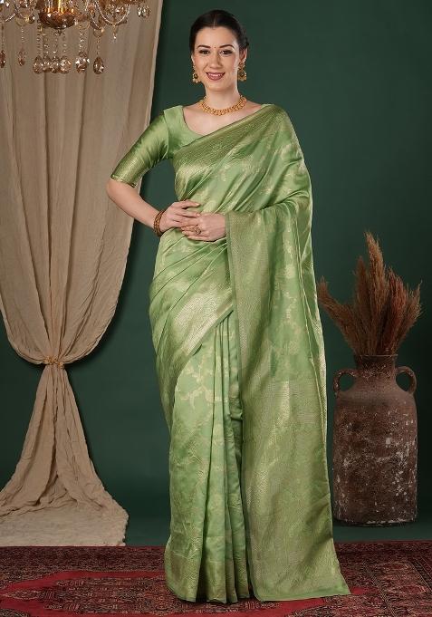 Light Green Woven Design Silk Saree Set