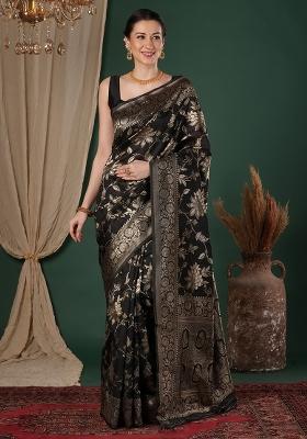Black Woven Design Silk Blend Saree Set