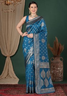 Teal Blue Woven Design Silk Blend Saree Set