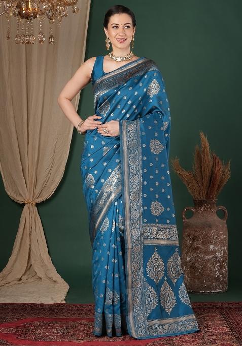 Teal Blue Woven Design Silk Saree Set — view on Indya