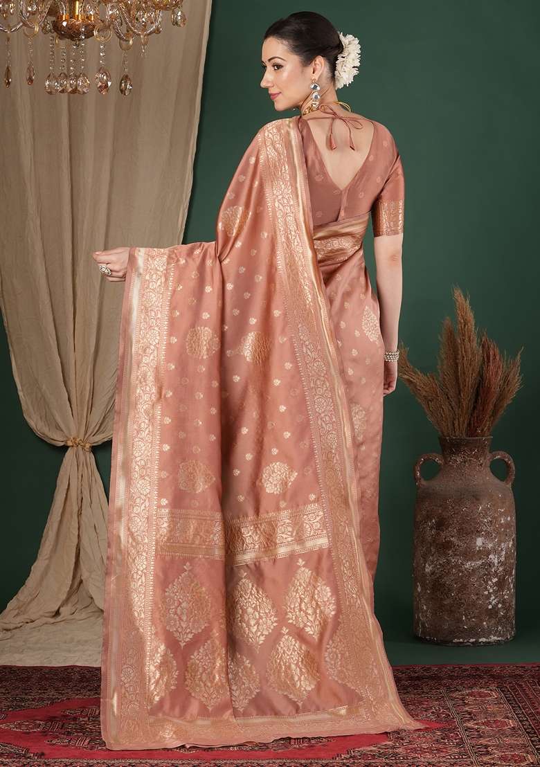Rose Gold Woven Design Silk Blend Saree Set for Diwali | Wedding & Festive Wear - Indya