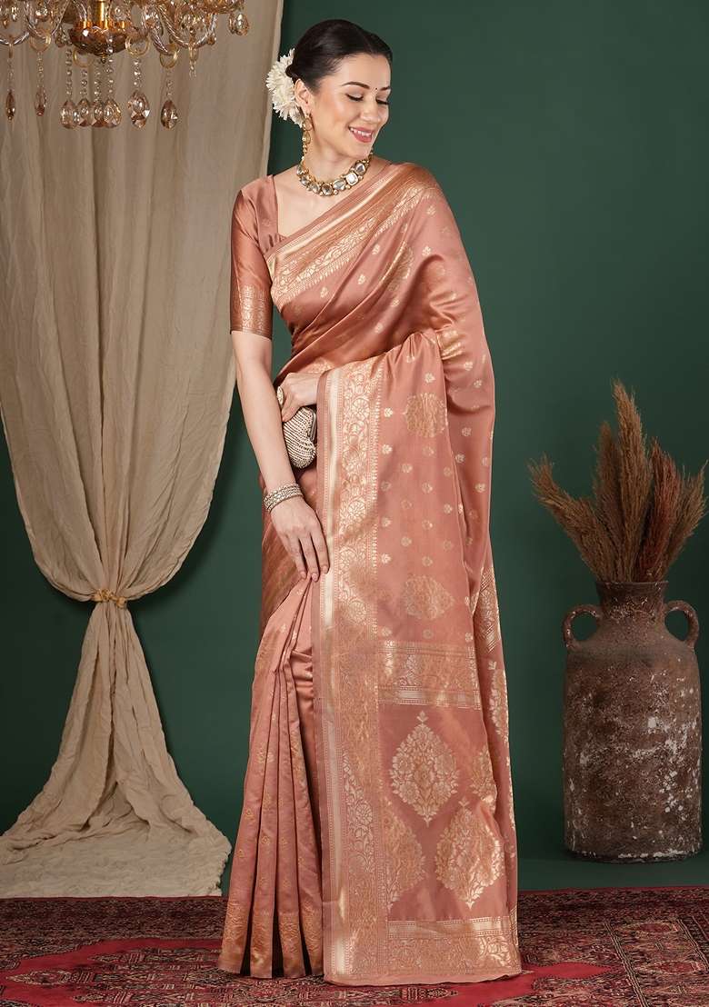 Rose Gold Woven Design Silk Blend Saree Set for Diwali | Wedding & Festive Wear - Indya