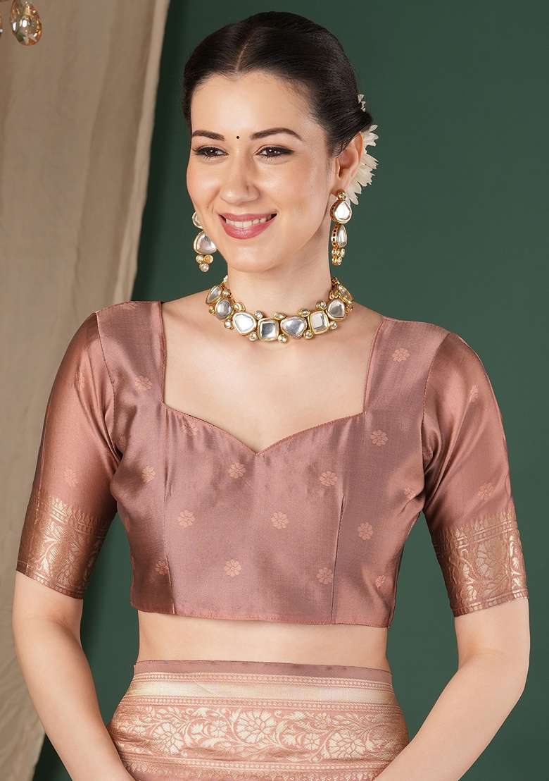 Rose Gold Woven Design Silk Blend Saree Set for Diwali | Wedding & Festive Wear - Indya