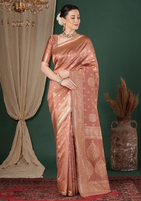 Rose Gold Woven Design Silk Blend Saree Set