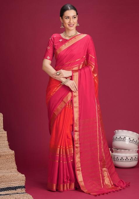 Pink Woven Design Silk Blend Saree Set