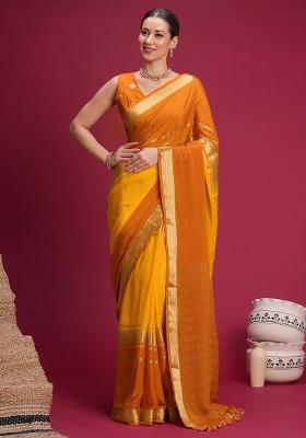 Mustard Woven Design Silk Blend Saree Set