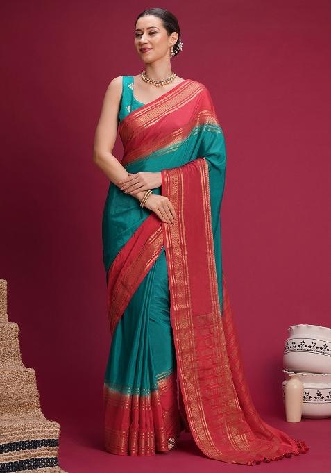 Teal Green Woven Design Silk Blend Saree Set