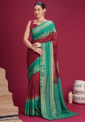 Maroon Woven Design Silk Blend Saree Set