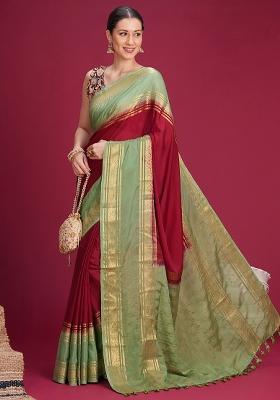 Maroon Woven Design Silk Blend Saree Set