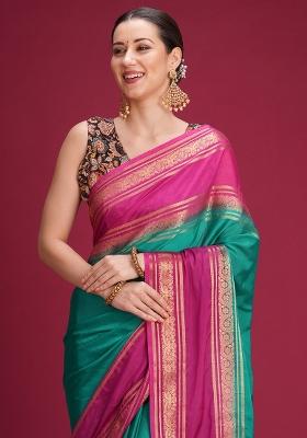 Teal Green Woven Design Silk Blend Saree Set