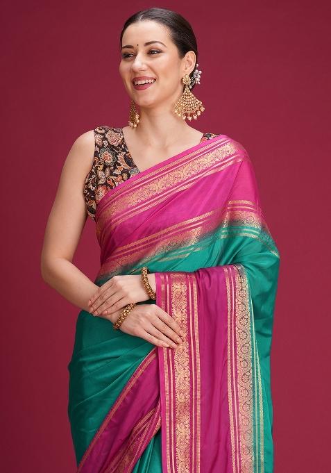 Teal Green Woven Design Silk Saree Set — view on Indya