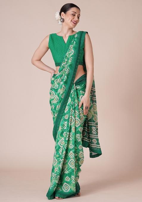 Teal Green Printed Georgette Saree Set