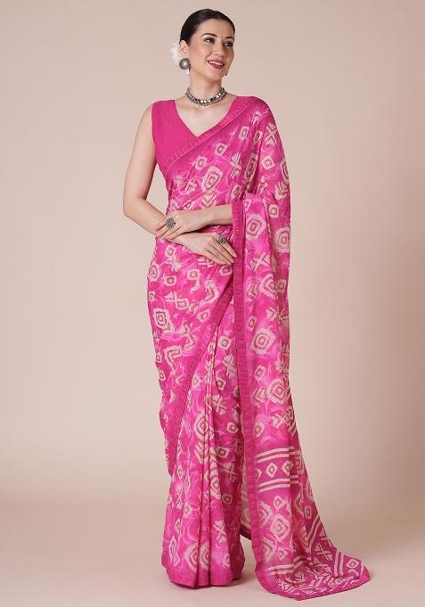Pink Printed Georgette Saree Set