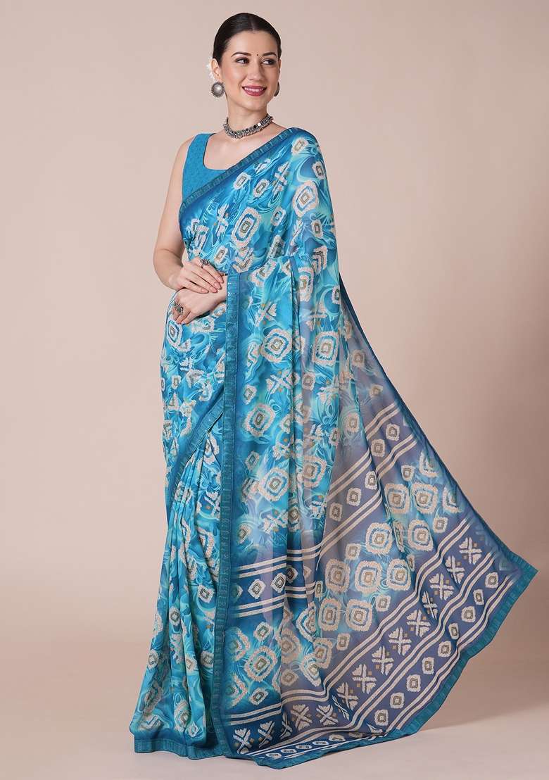 Light Blue Printed Georgette Saree Set for Diwali and Festive Wear - Indya