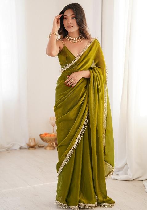 Olive Embellished Satin Saree Set