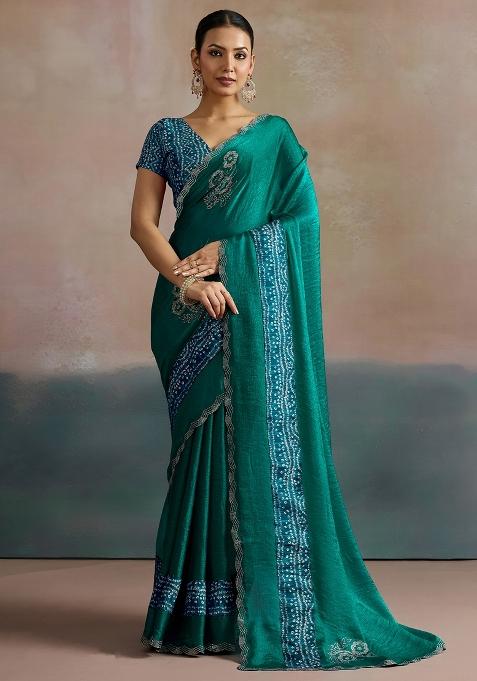 Teal Blue Embellished Chiffon Saree Set