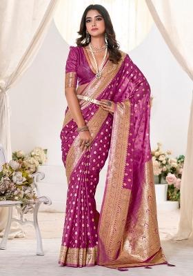 Magenta Woven Design Silk Blend Saree Set