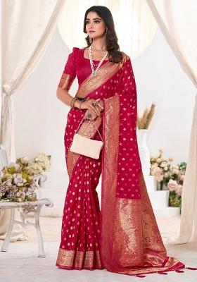 Pink Woven Design Silk Blend Saree Set