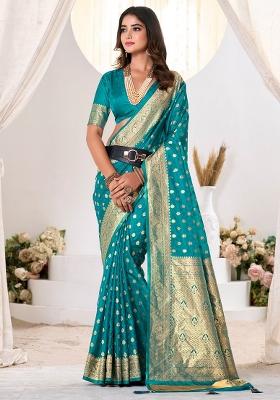 Turquoise Woven Design Silk Blend Saree Set