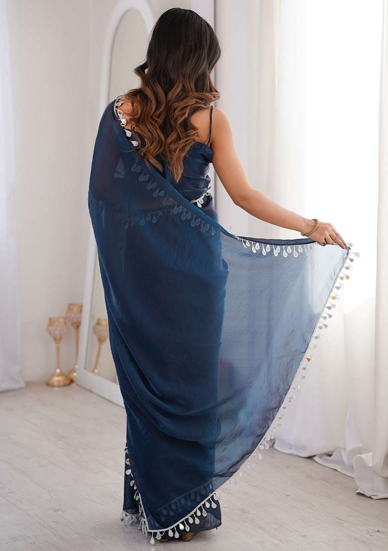 Teal Blue Solid Satin Saree Set for Diwali | Wedding & Festive Wear - Indya