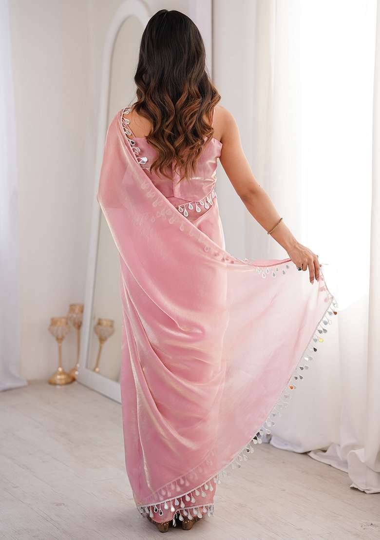 Pink Solid Satin Saree Set for Diwali | Wedding & Festive Wear - Indya