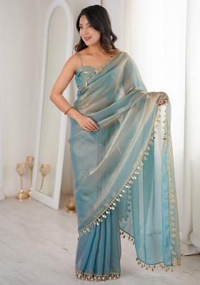 Light Blue Solid Satin Saree Set