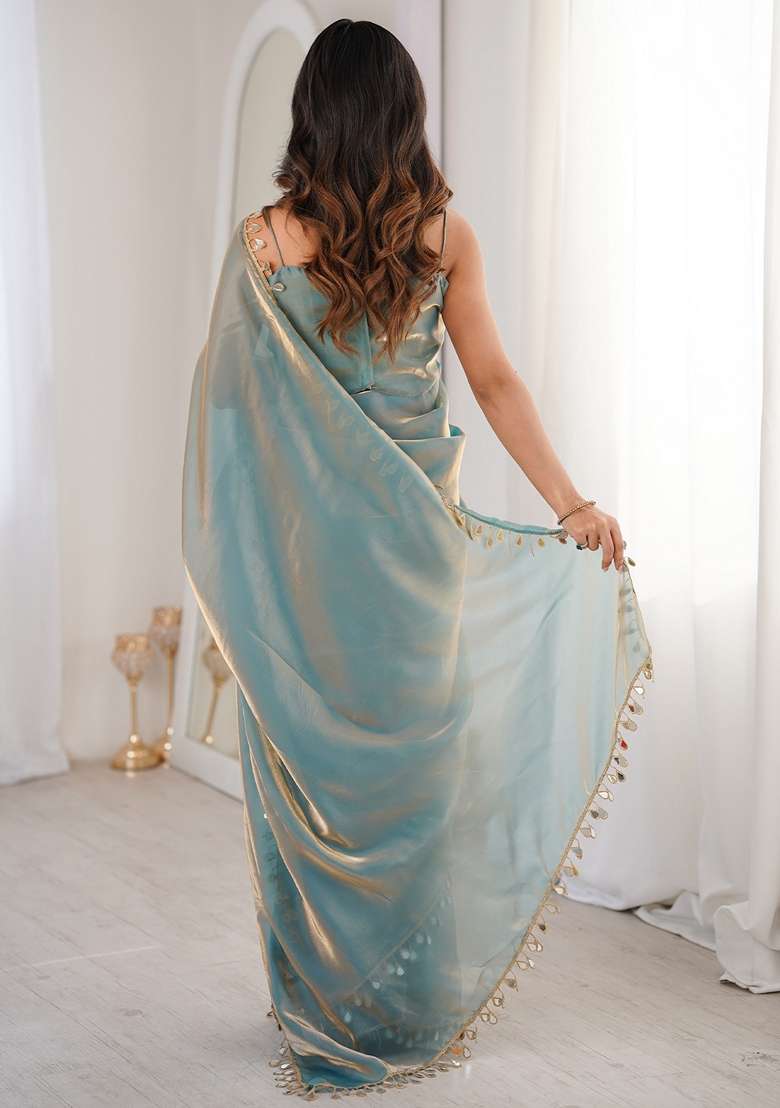 Light Blue Solid Satin Saree Set for Diwali and Festive Wear - Indya