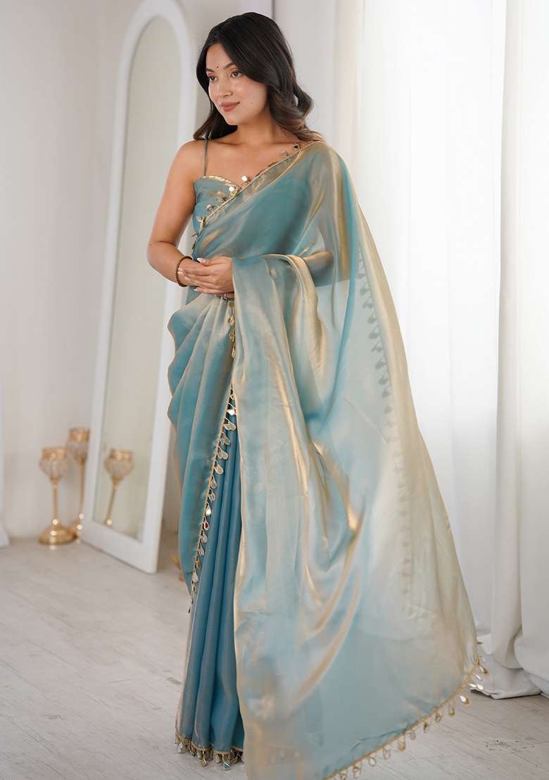 Light Blue Solid Satin Saree Set for Diwali and Festive Wear - Indya