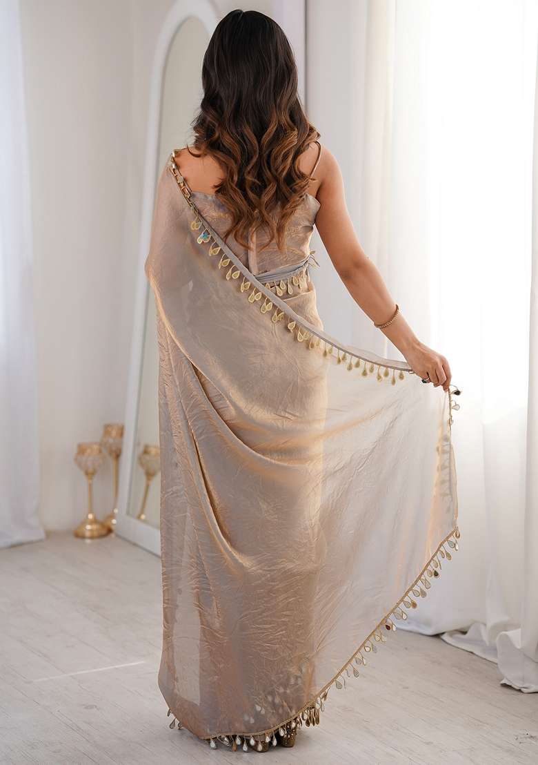 Metallic Solid Satin Saree Set for Diwali and Festive Wear - Indya