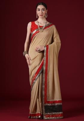 Cream Woven Design Silk Blend Saree Set