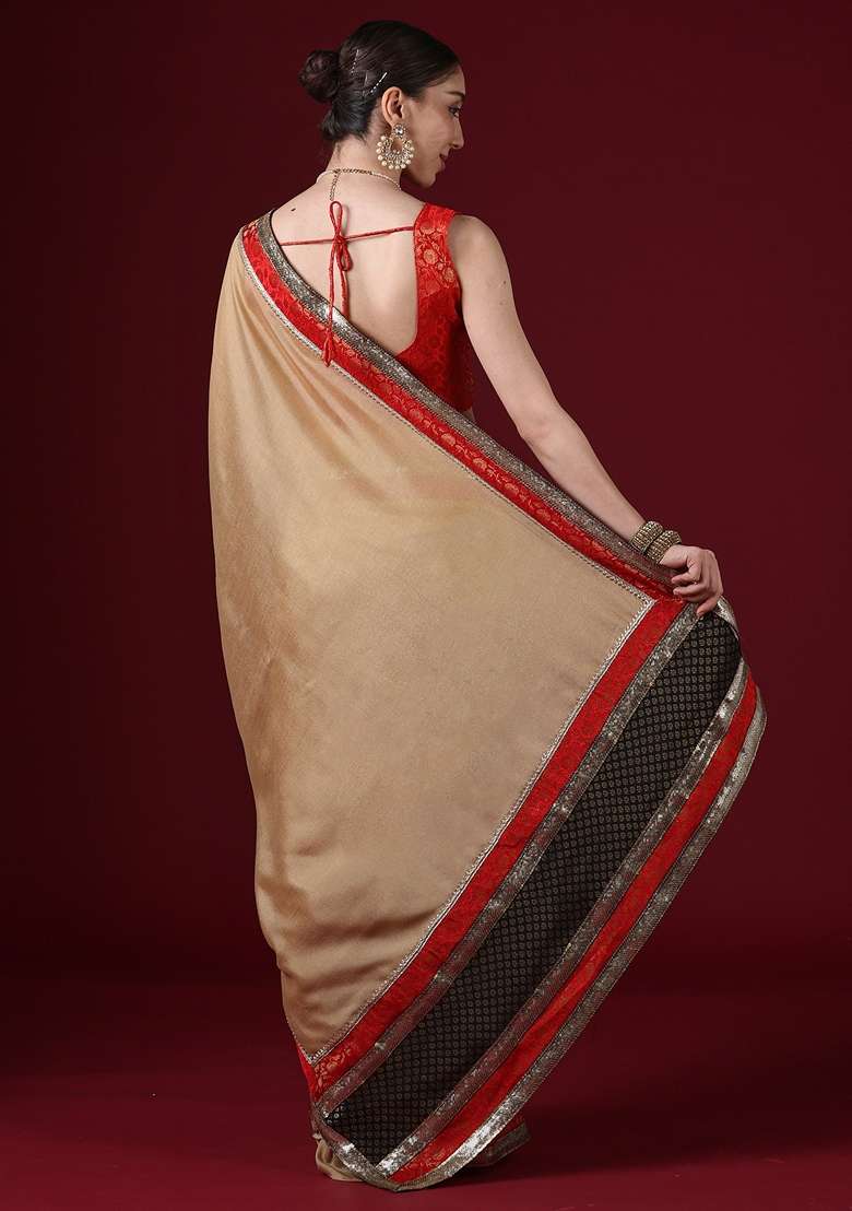 Cream Woven Design Silk Blend Saree Set for Diwali and Festive Wear - Indya