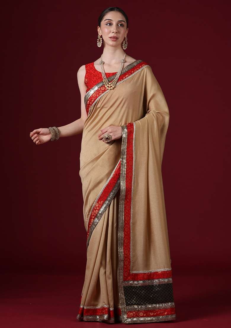 Cream Woven Design Silk Blend Saree Set for Diwali and Festive Wear - Indya