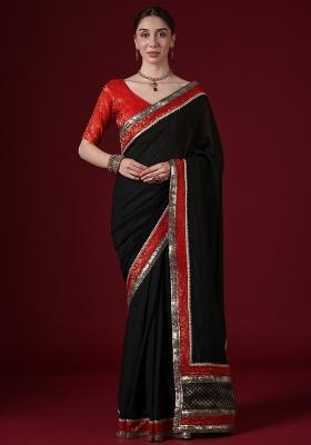 Black Woven Design Silk Blend Saree Set