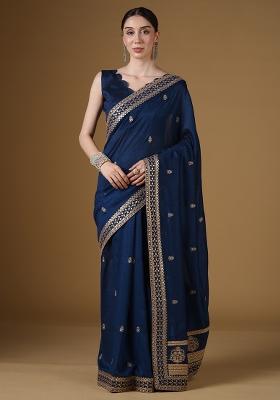 Teal Blue Embellished Silk Blend Saree Set