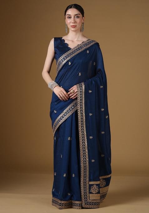 Teal Blue Embellished Silk Saree Set